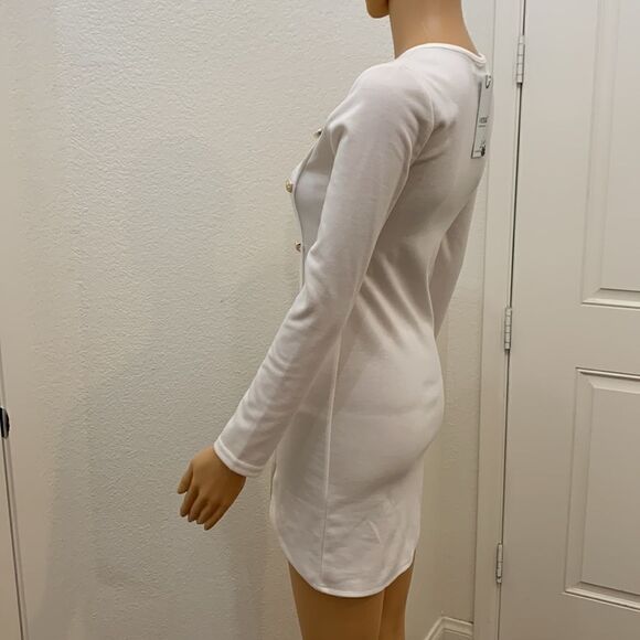 Zhuorankaili White Scoop Neck Mini Long Sleeve Side Sean’s Dress Silver Buttons - Picture 8 of 12